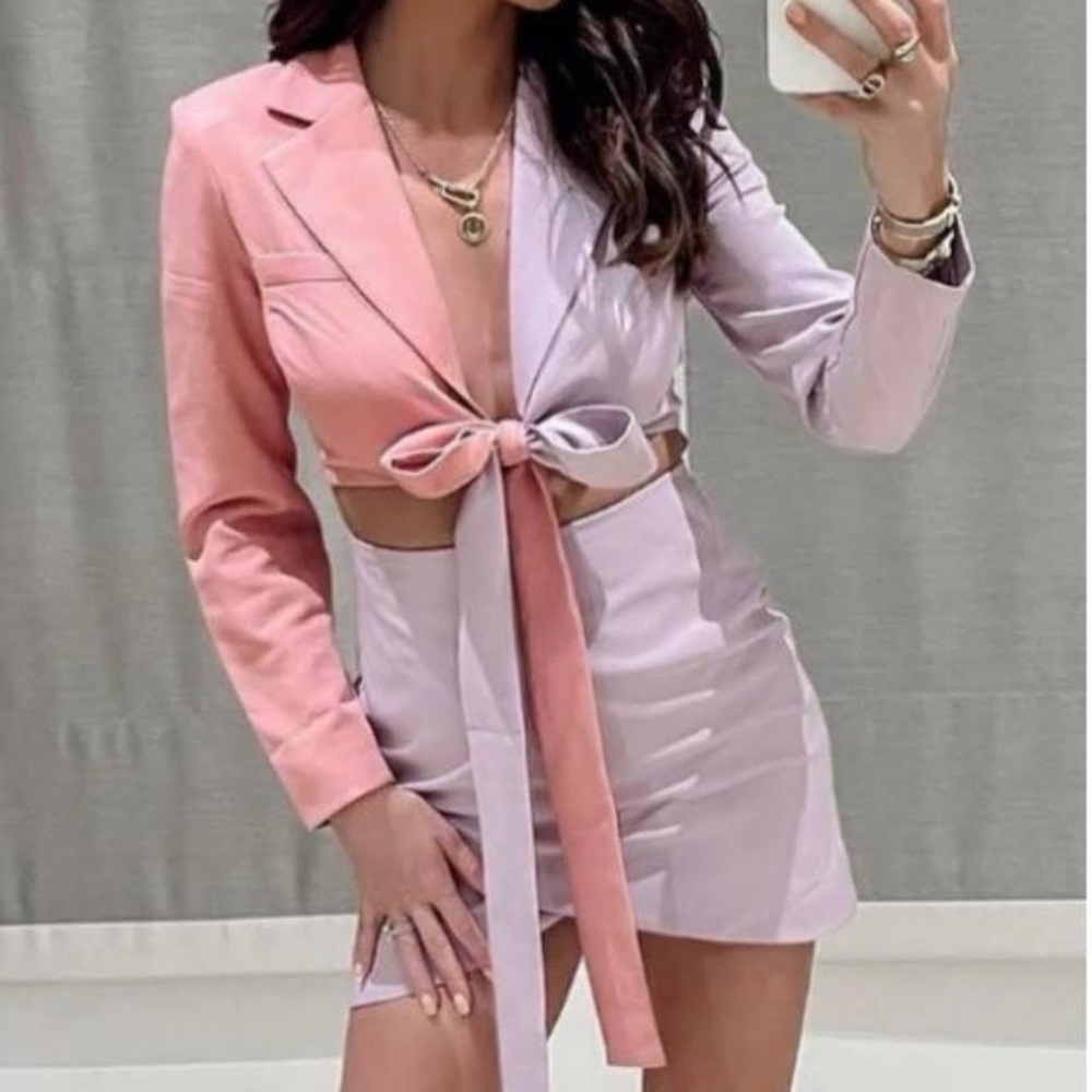 ELLIE COLOUR BLOCK BLAZER WRAP MINI DRESS IN LILAC & PINK